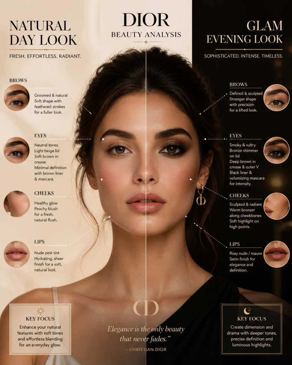 Day vs evening makeup comparison editorial