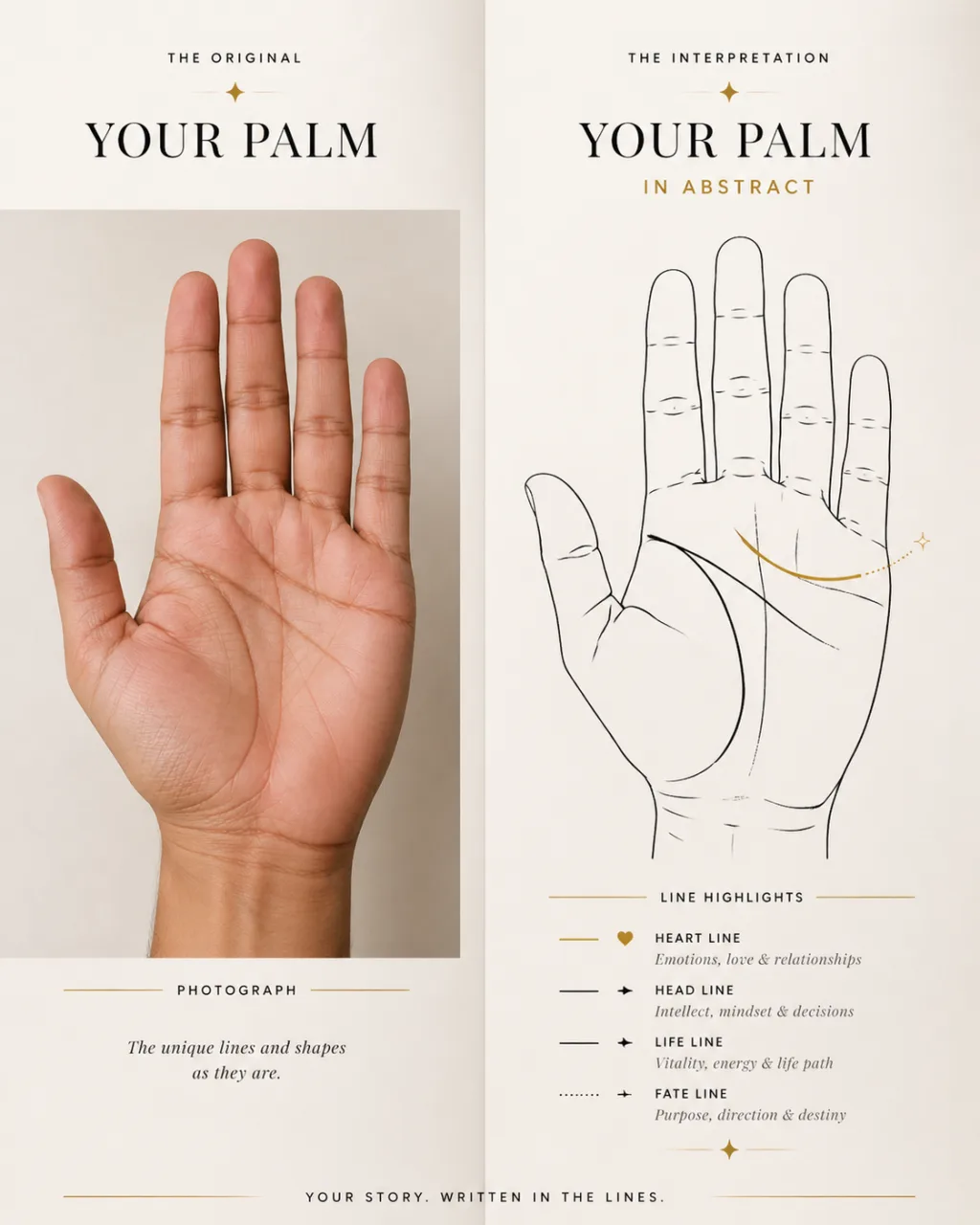 Palmistry side-by-side photo and line art